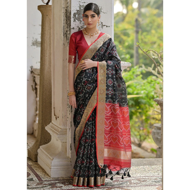 Black Spun Silk Saree With Blouse Piece - JD986598342