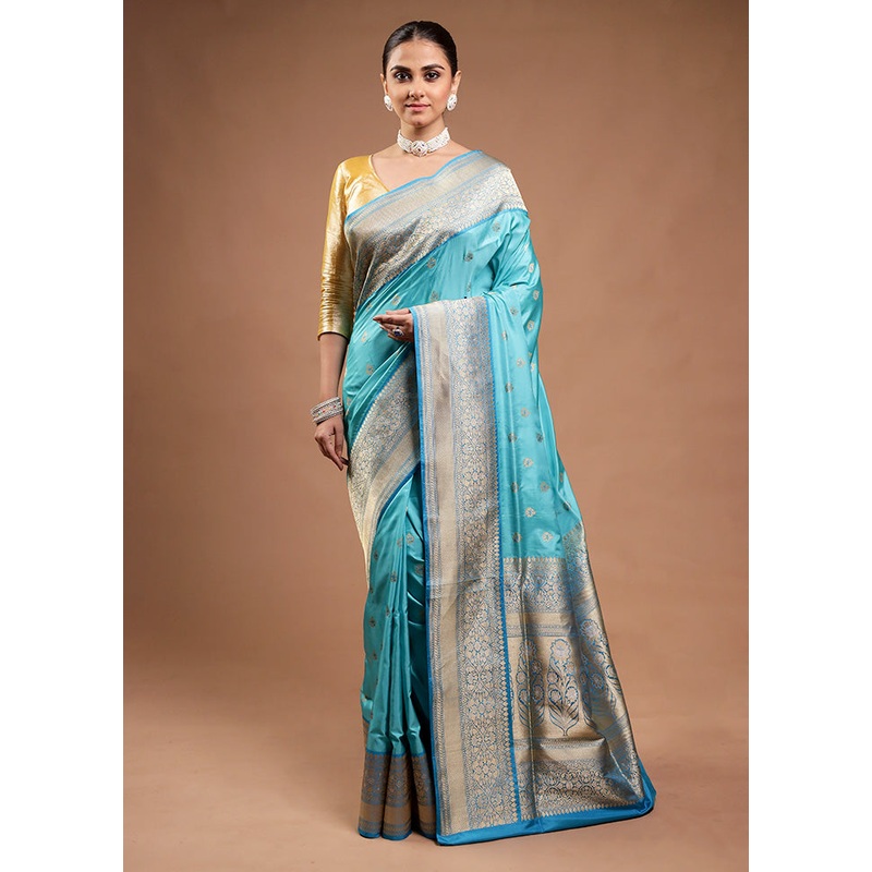 Blue Handloom Katan Pure Silk Saree With Blouse Piece - JD986598201