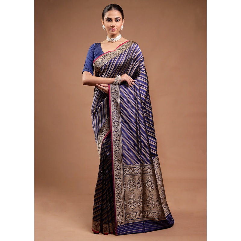 Blue Handloom Katan Pure Silk Saree With Blouse Piece - JD986598202