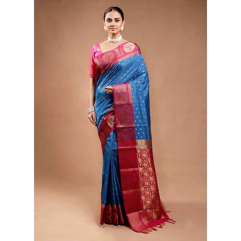 Blue Kanjivaram Silk Saree With Blouse Piece - JD986598199