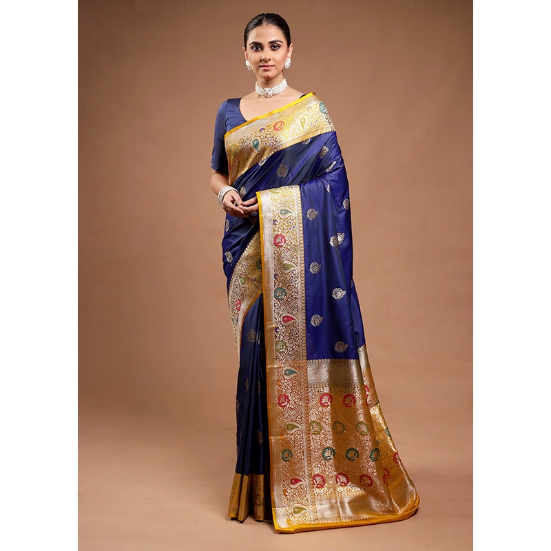 Blue Katan Silk Saree With Blouse Piece - JD986598198