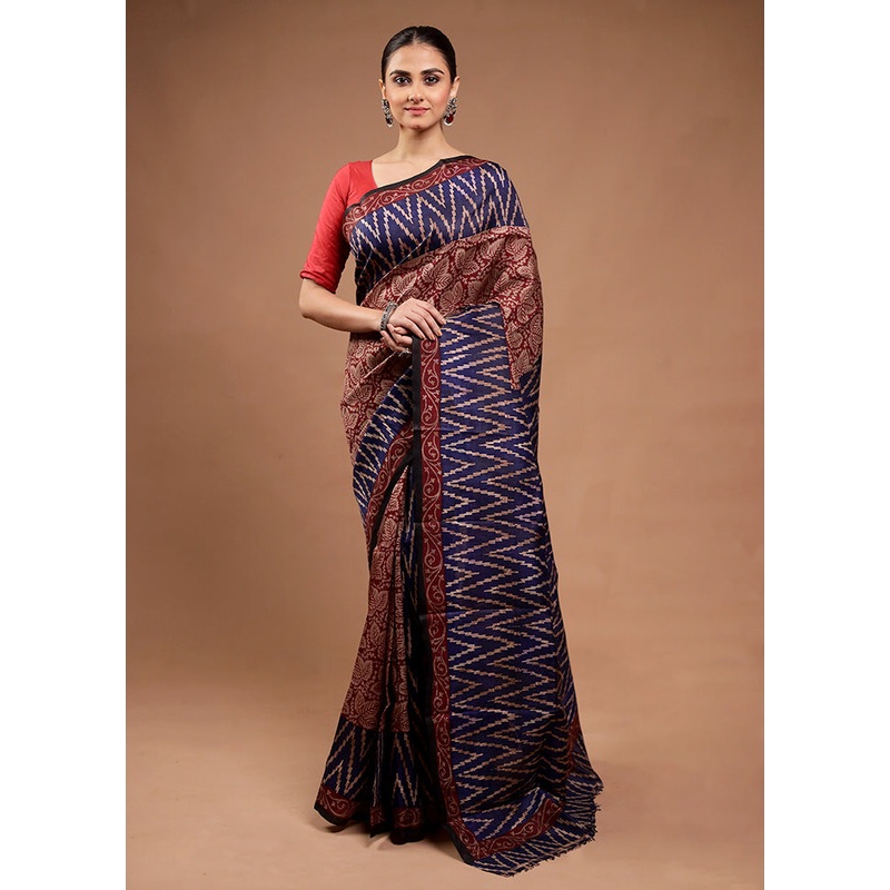 Blue Printed Pure Silk Saree Without Blouse Piece - JD986598190