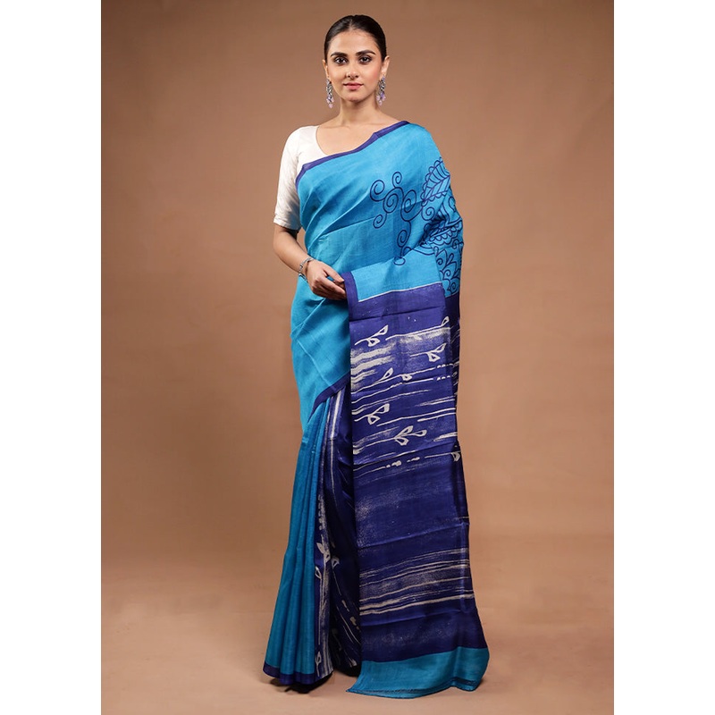 Blue Printed Pure Silk Saree Without Blouse Piece - JD986598191