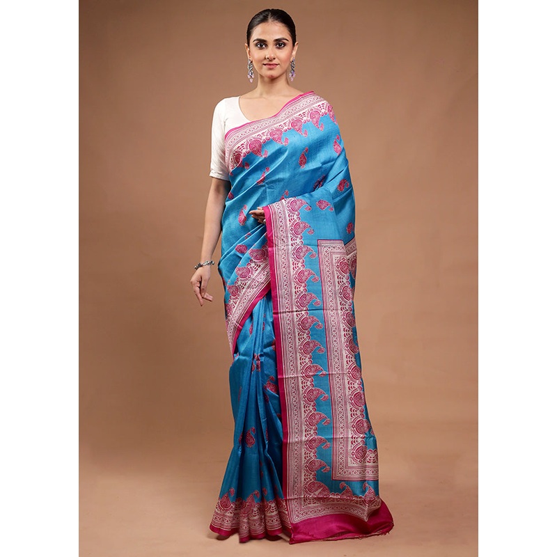 Blue Printed Pure Silk Saree Without Blouse Piece - JD986598192