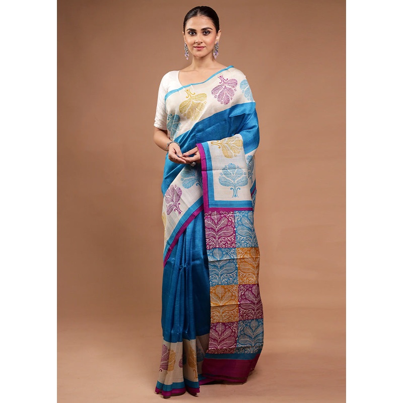 Blue Printed Pure Silk Saree Without Blouse Piece - JD986598193