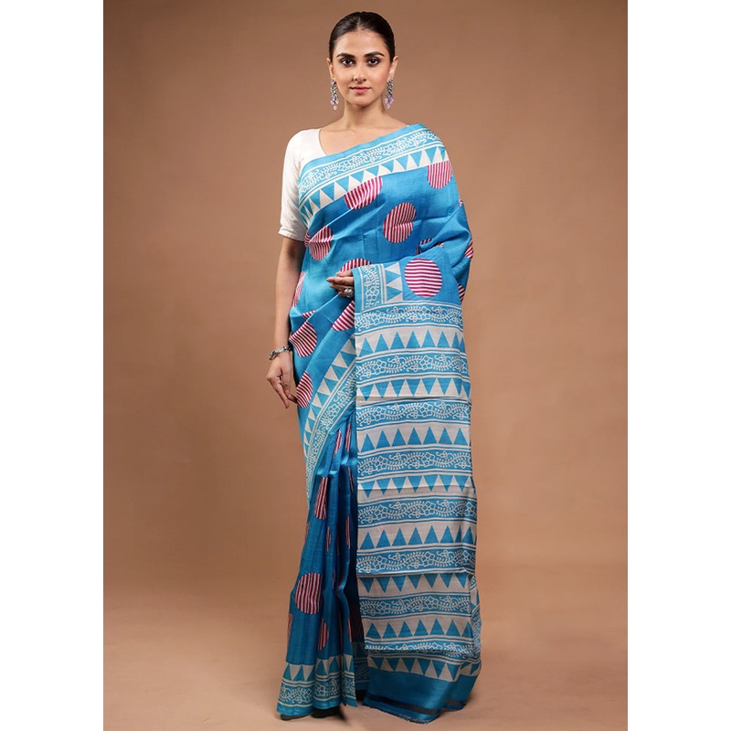 Blue Printed Pure Silk Saree Without Blouse Piece - JD986598194