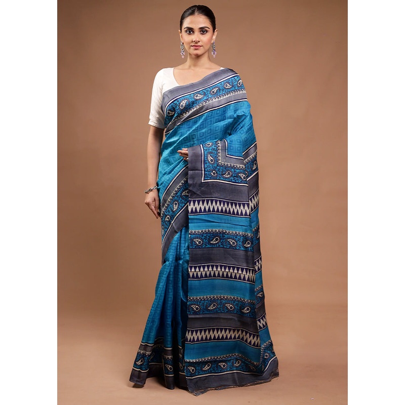 Blue Printed Pure Silk Saree Without Blouse Piece - JD986598195