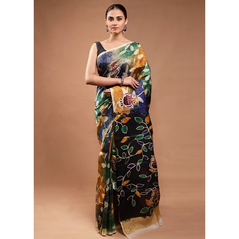 Blue Printed Pure Silk Saree Without Blouse Piece - JD986598196