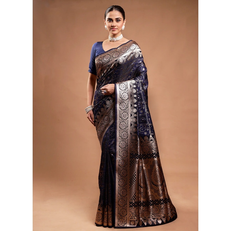 Blue Tanchoi Silk Saree With Blouse Piece - JD986598189