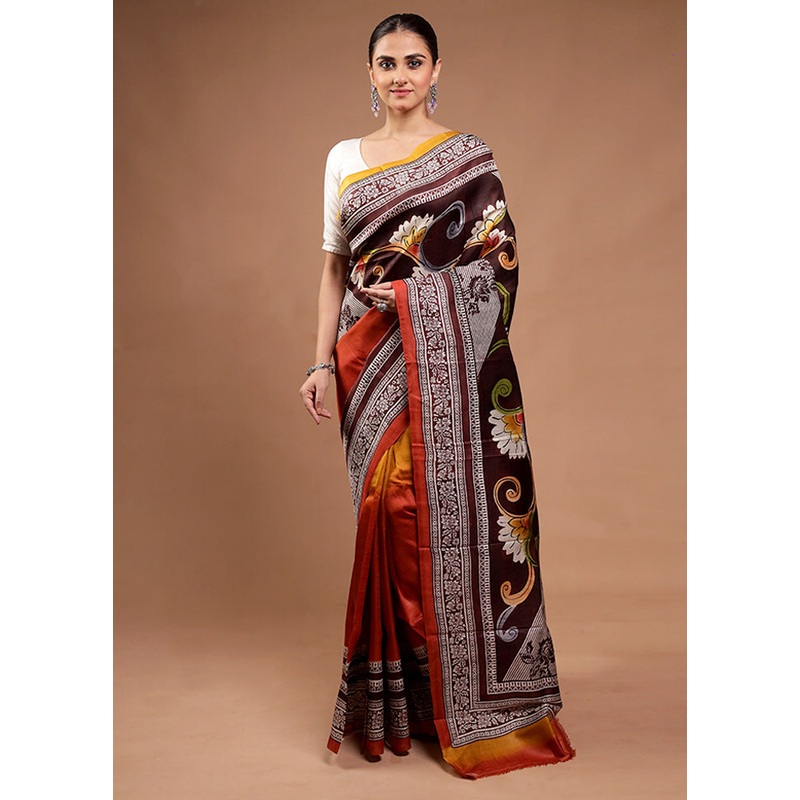 Brown Printed Pure Silk Saree Without Blouse Piece - JD986598187