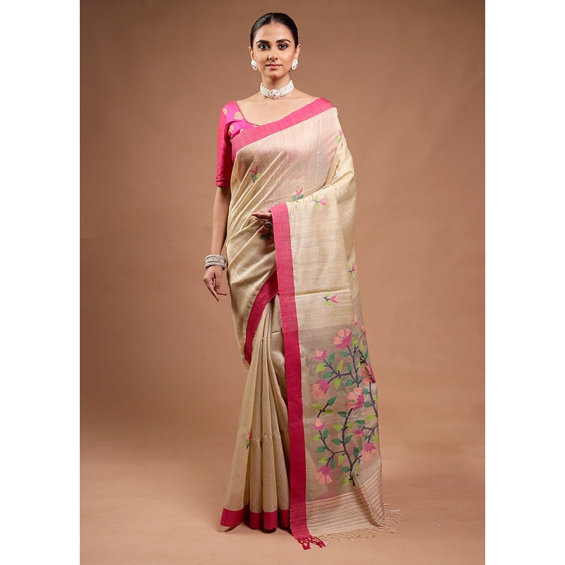 Cream Handloom Tussar Pure Silk Saree With Blouse Piece - JD986598186
