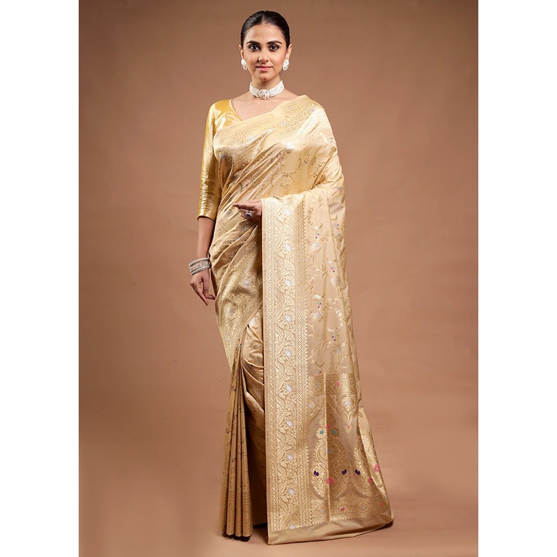 Cream Katan Silk Saree With Blouse Piece - JD986598185