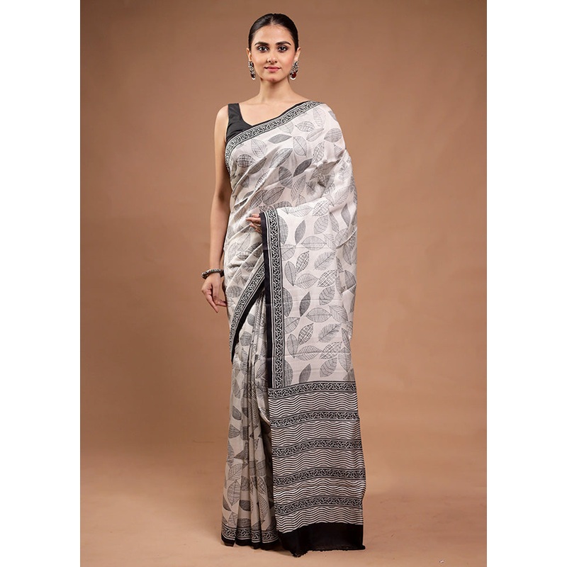 Cream Printed Pure Silk Saree Without Blouse Piece - JD986598180