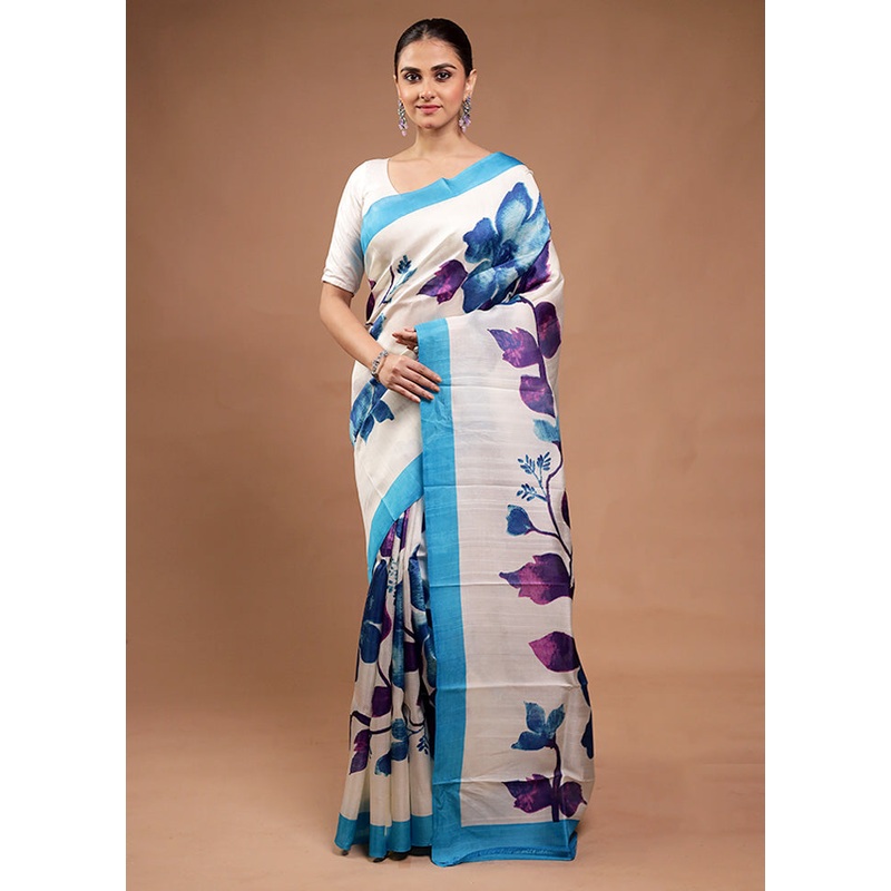 Cream Printed Pure Silk Saree Without Blouse Piece - JD986598182