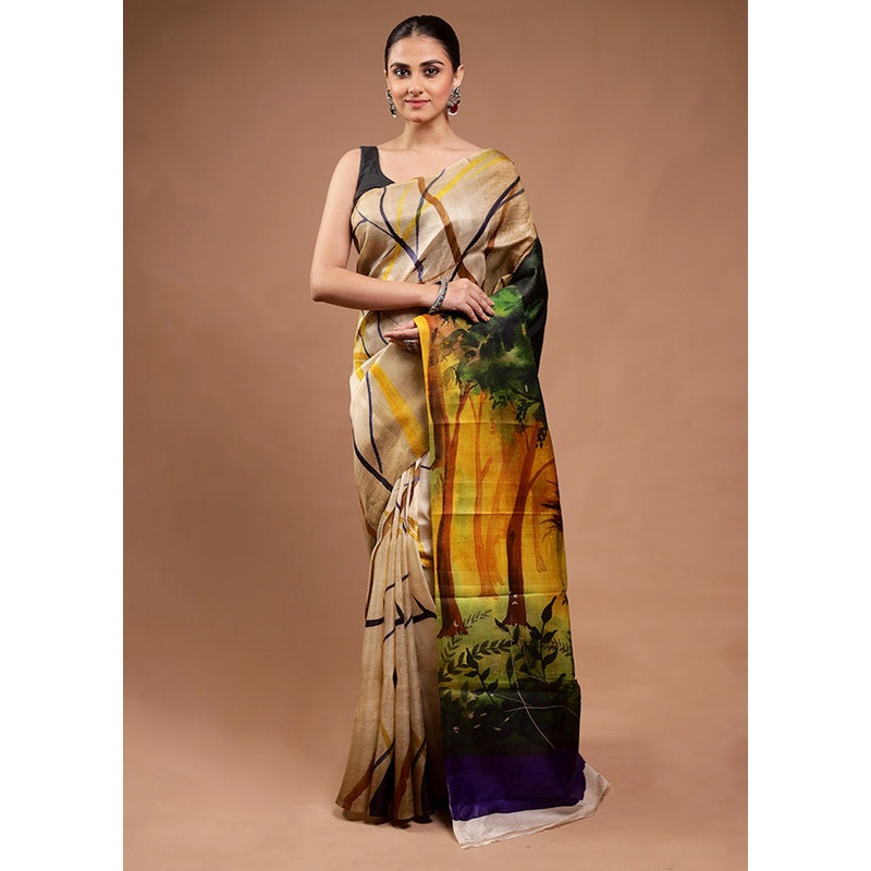 Cream Printed Pure Silk Saree Without Blouse Piece - JD986598183