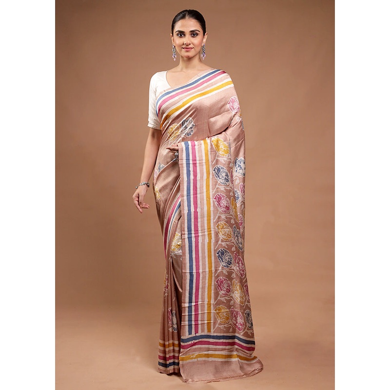 Cream Printed Pure Silk Saree Without Blouse Piece - JD986598184