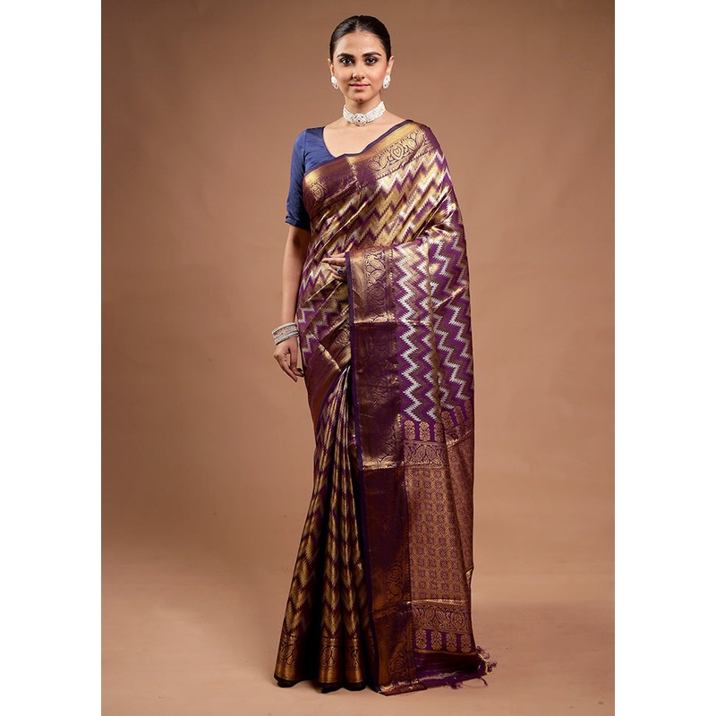 Golden Kanjivaram Silk Saree With Blouse Piece - JD986598179