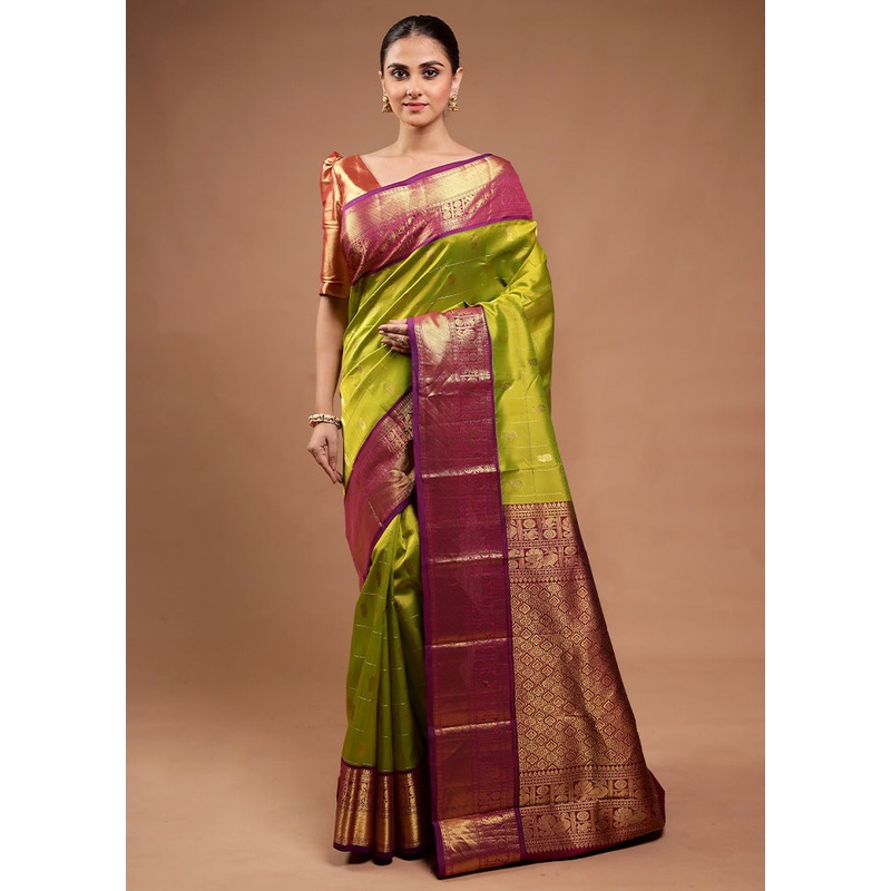 Green Handloom Kanchipuram Pure Silk Saree With Blouse Piece - JD986598177