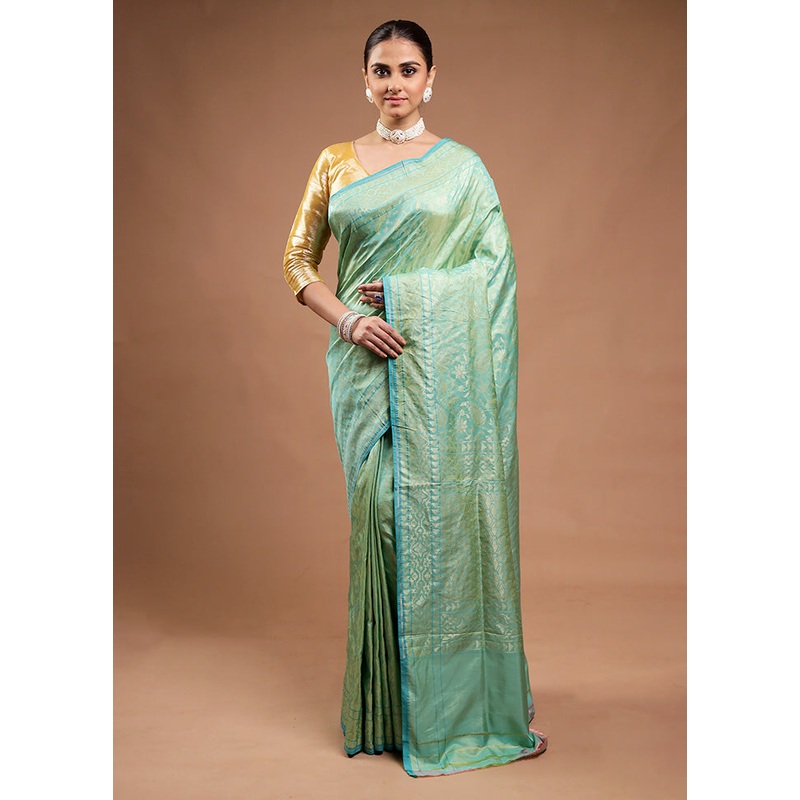 Green Handloom Katan Pure Silk Saree With Blouse Piece - JD986598175
