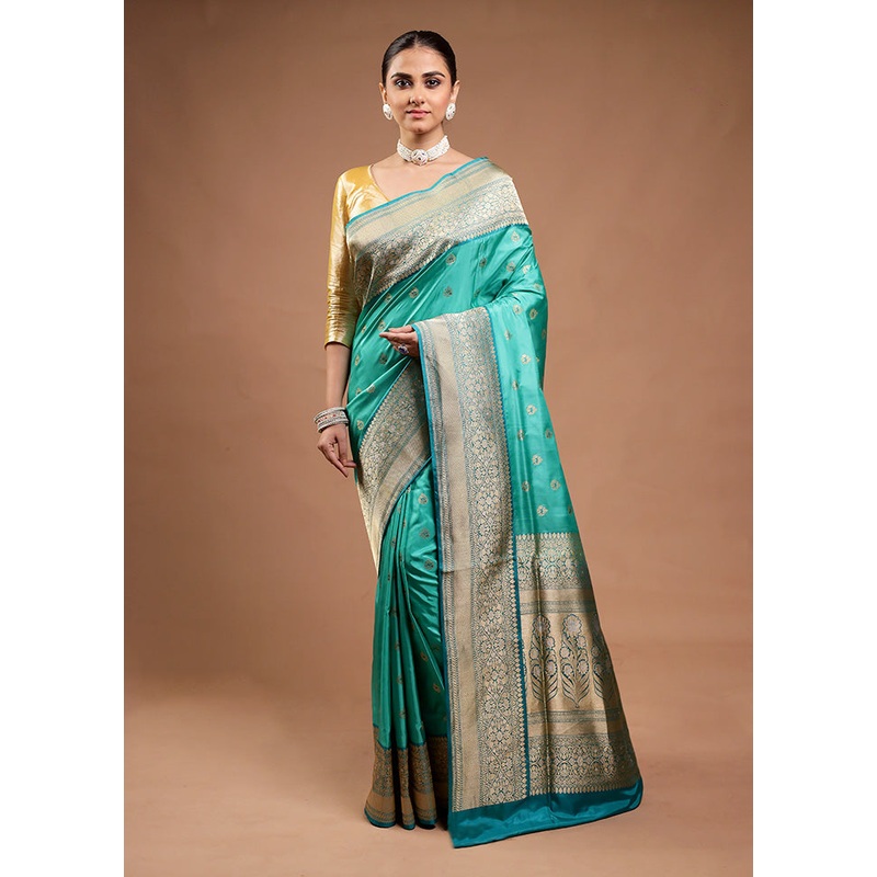 Green Handloom Katan Pure Silk Saree With Blouse Piece - JD986598176