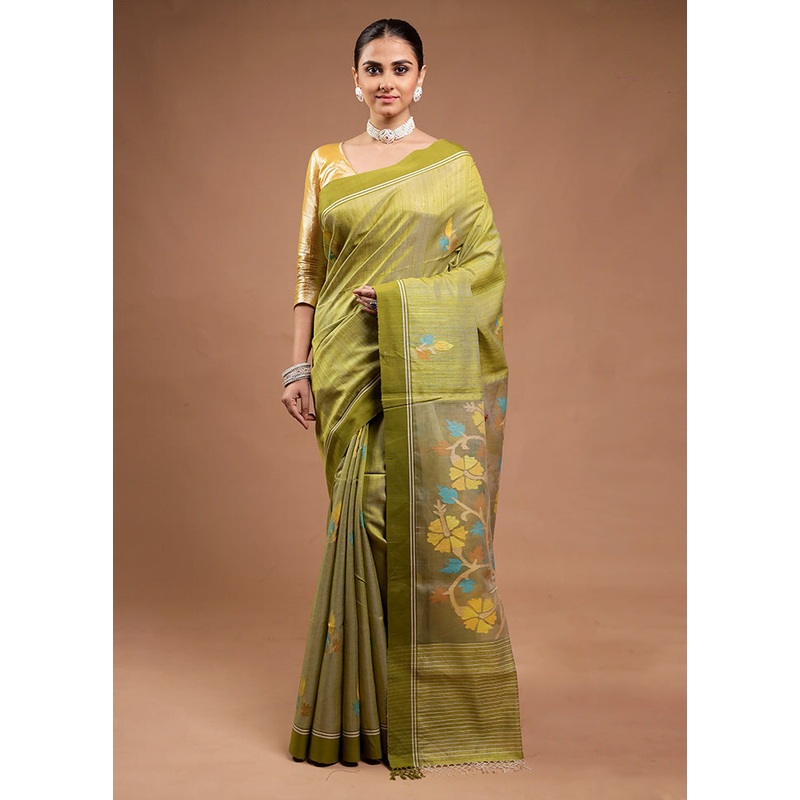 Green Handloom Tussar Pure Silk Saree With Blouse Piece - JD986598174
