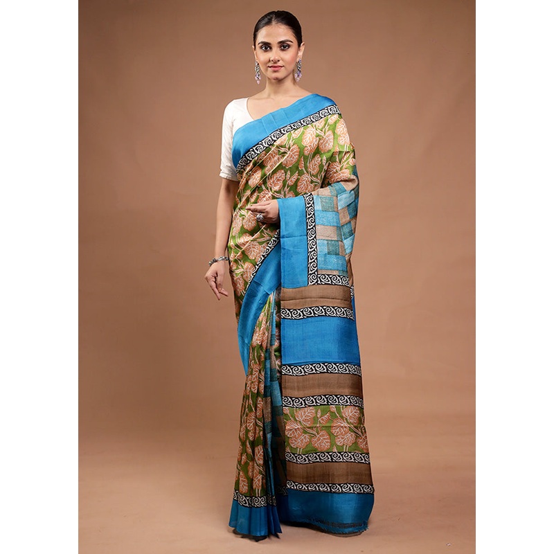 Green Printed Pure Silk Saree Without Blouse Piece - JD986598166