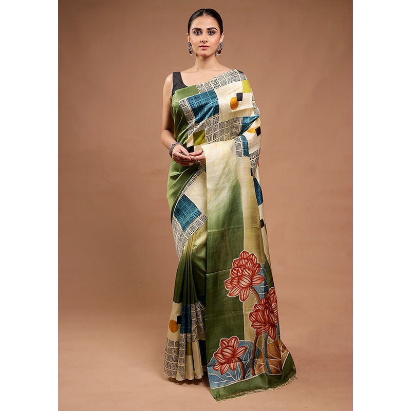 Green Printed Pure Silk Saree Without Blouse Piece - JD986598167
