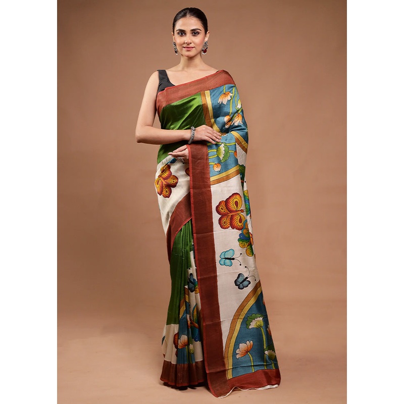 Green Printed Pure Silk Saree Without Blouse Piece - JD986598168