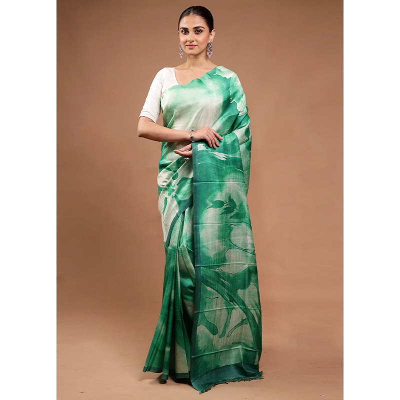 Green Printed Pure Silk Saree Without Blouse Piece - JD986598169