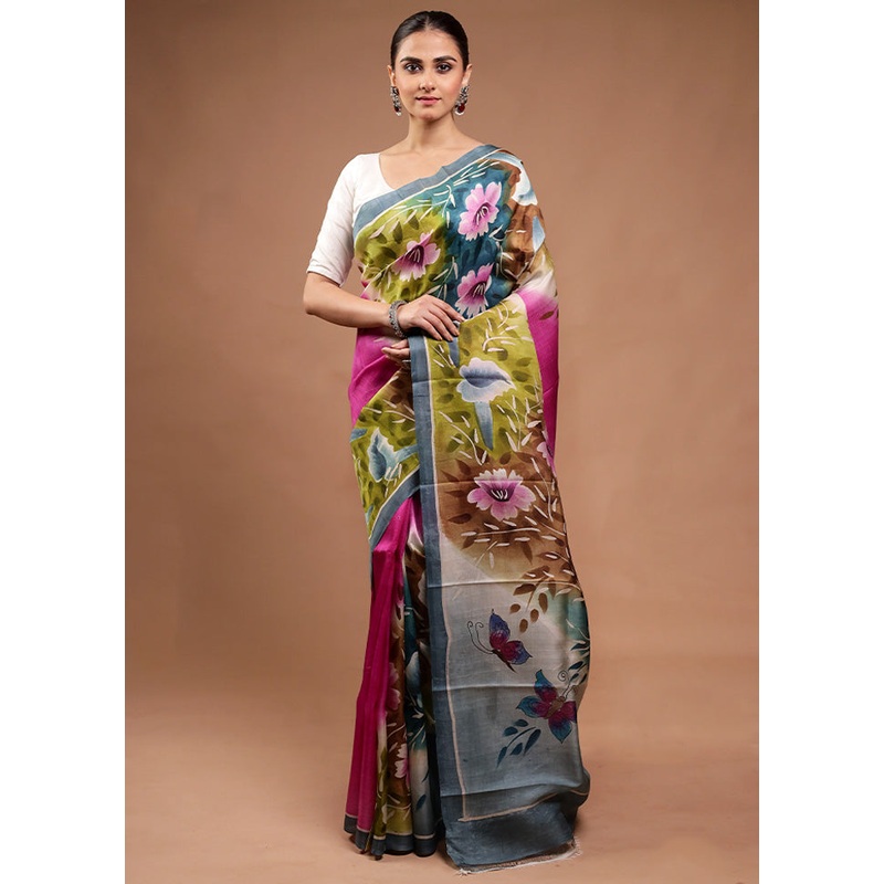 Green Printed Pure Silk Saree Without Blouse Piece - JD986598170