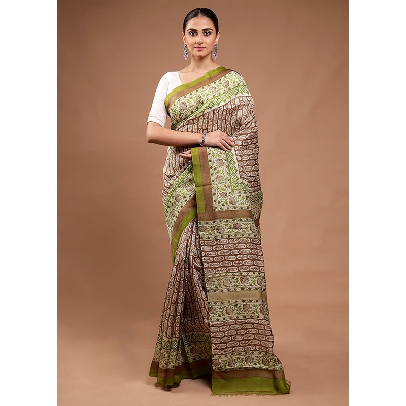 Green Printed Pure Silk Saree Without Blouse Piece - JD986598171