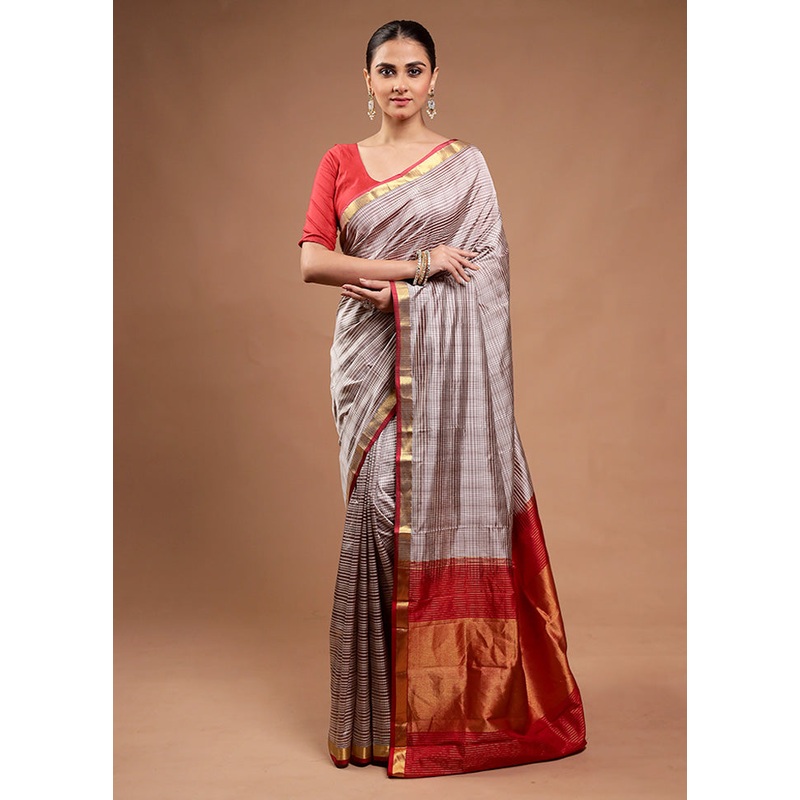 Grey Handloom Kanjivaram Pure Silk Saree With Blouse Piece - JD986598162