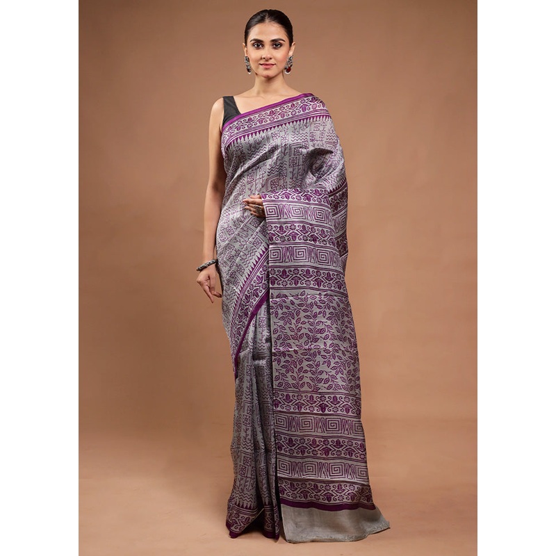 Grey Printed Pure Silk Saree Without Blouse Piece - JD986598161