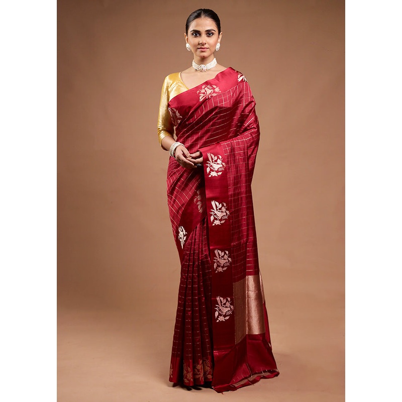 Maroon Handloom Katan Pure Silk Saree With Blouse Piece - JD986598159