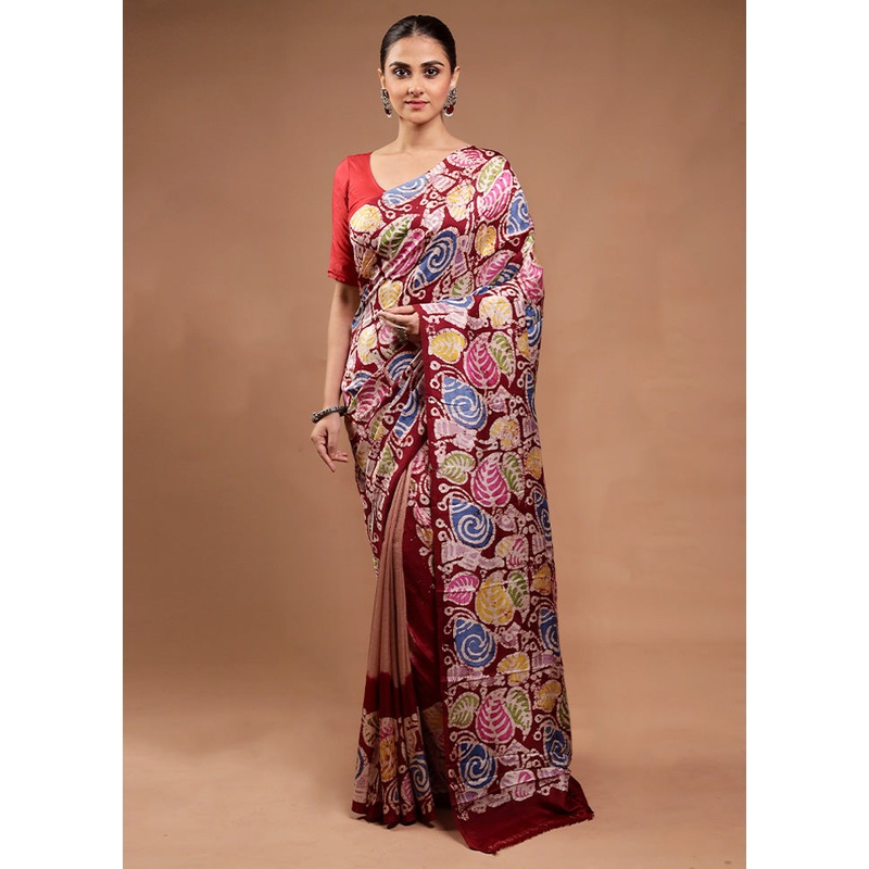 Maroon Printed Pure Silk Saree Without Blouse Piece - JD986598156