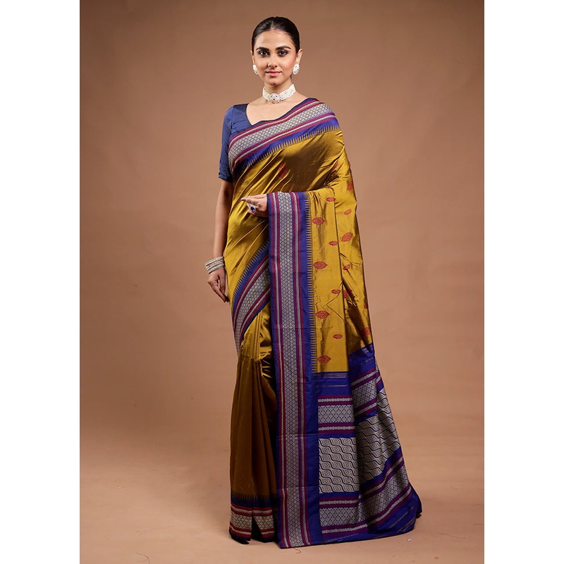 Mustard Kanjivaram Silk Saree With Blouse Piece - JD986598155