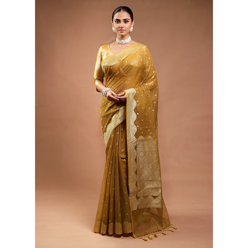 Mustard Kora Silk Saree With Blouse Piece - JD986598154