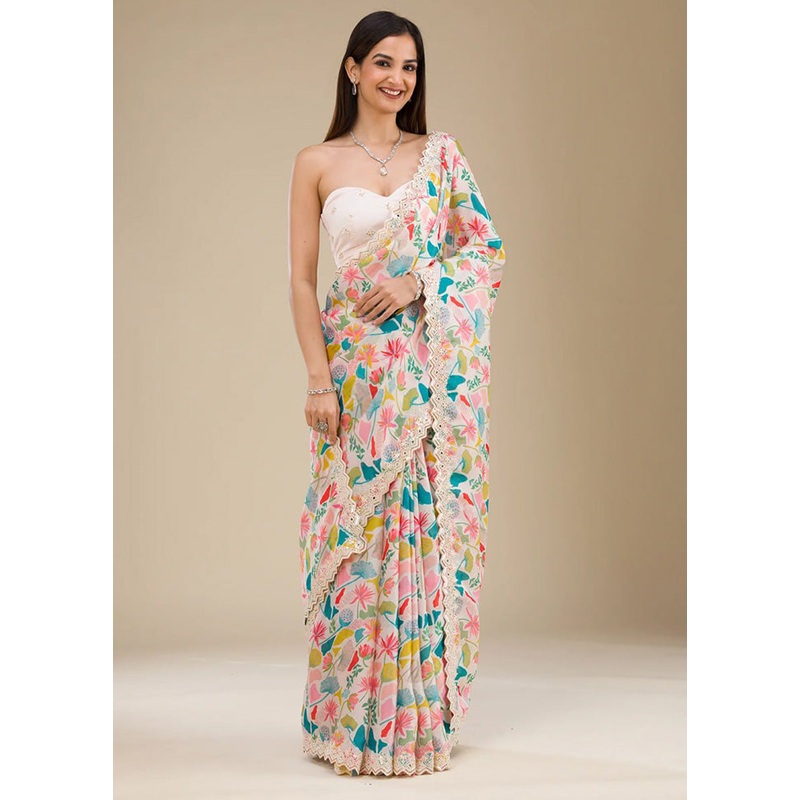 Off White Georgette Saree With Blouse Piece - JD986598223