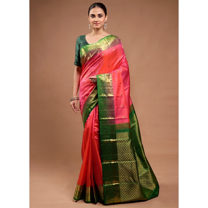 Pink Handloom Kanchipuram Pure Silk Saree With Blouse Piece - JD986598150