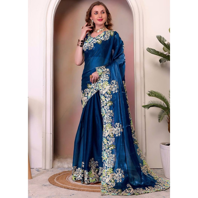Rama Spun Silk Saree With Blouse Piece - JD986598218
