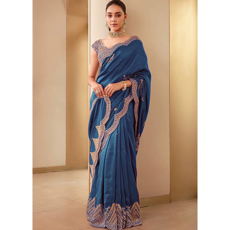 Rama Spun Silk Saree With Blouse Piece - JD986598219