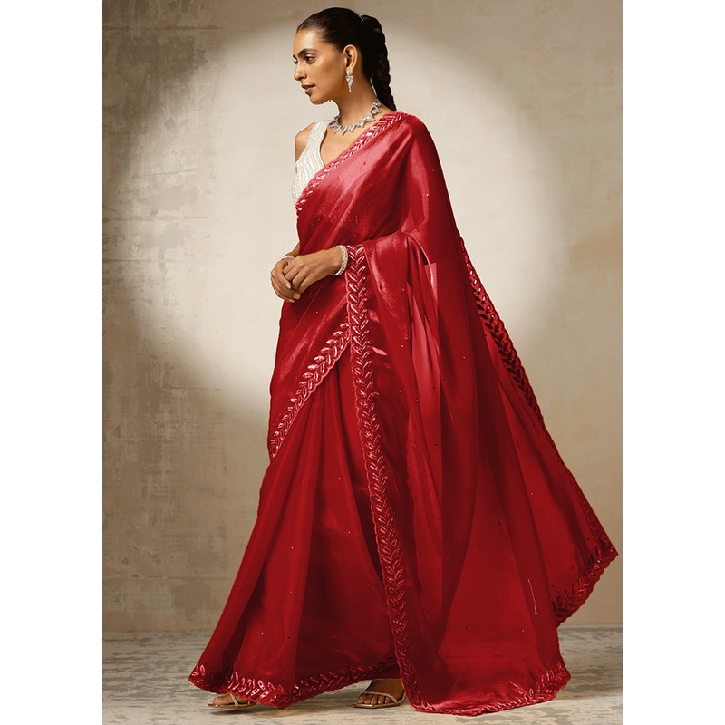 Red Spun Silk Saree With Blouse Piece - JD986598214