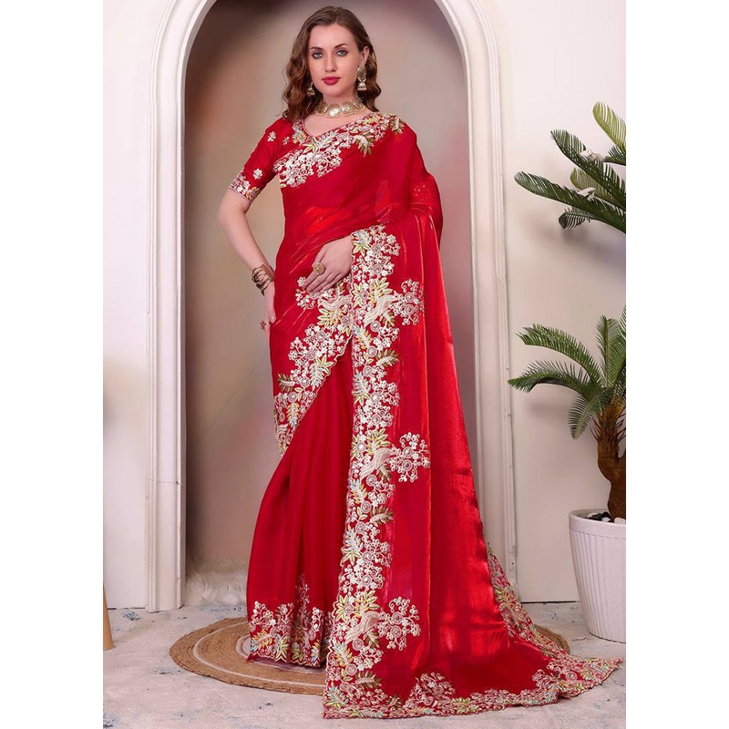 Red Spun Silk Saree With Blouse Piece - JD986598215