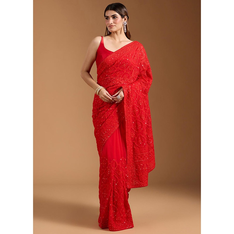 Red Spun Silk Saree With Blouse Piece - JD986598216