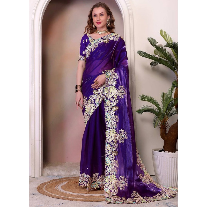 Royal Blue Spun Silk Saree With Blouse Piece - JD986598212