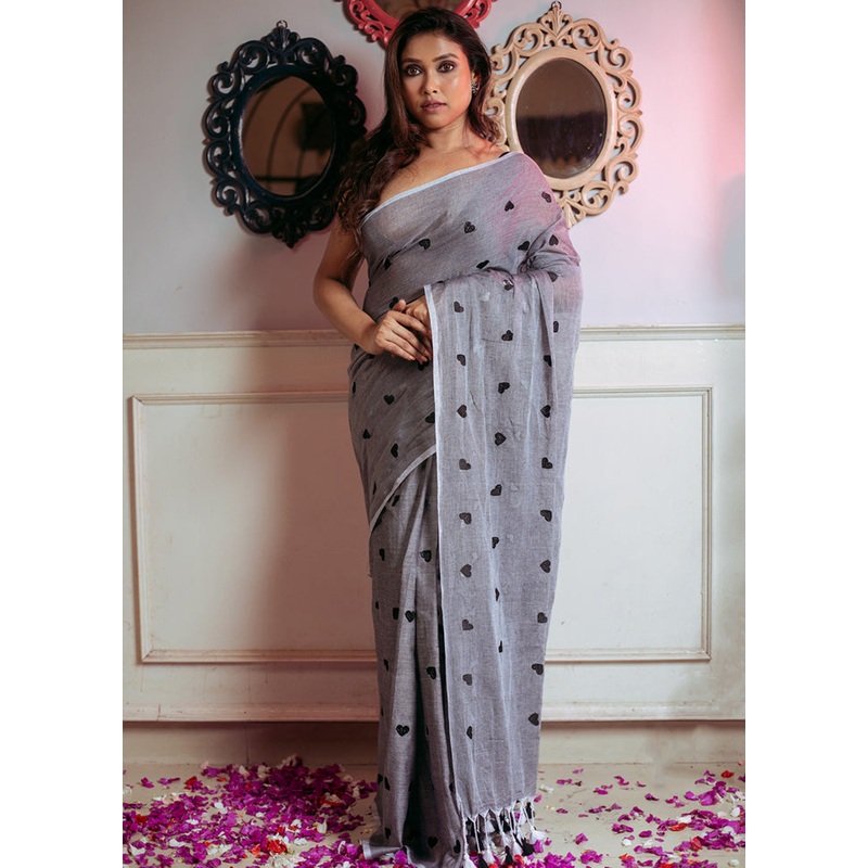 White Cotton Saree With Blouse Piece - JD986598319