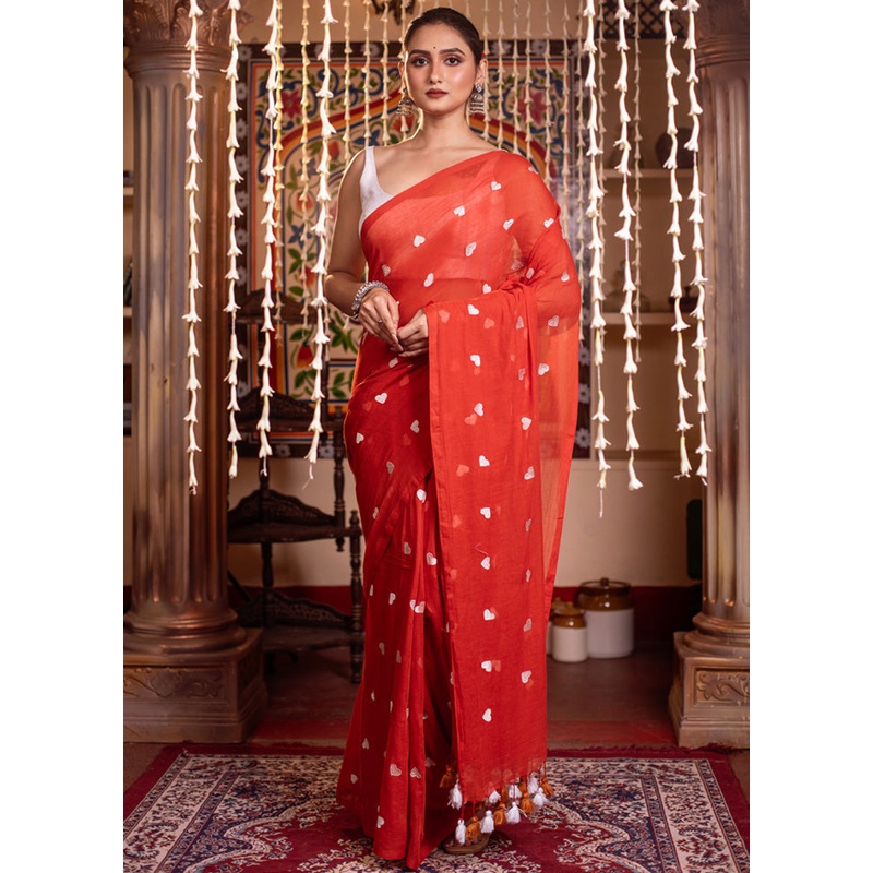 White Cotton Saree With Blouse Piece - JD986598320
