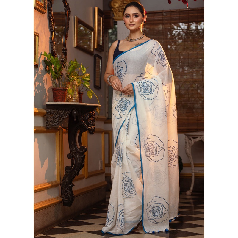 White Cotton Saree With Blouse Piece - JD986598325