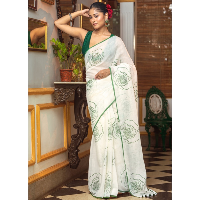 White Cotton Saree With Blouse Piece - JD986598326