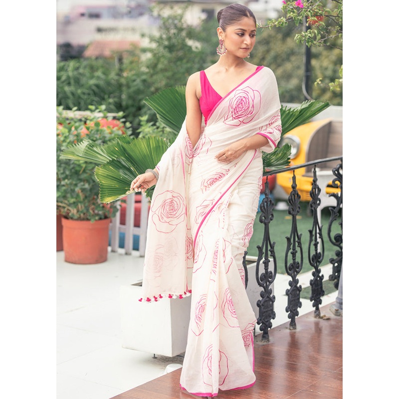 White Cotton Saree With Blouse Piece - JD986598327